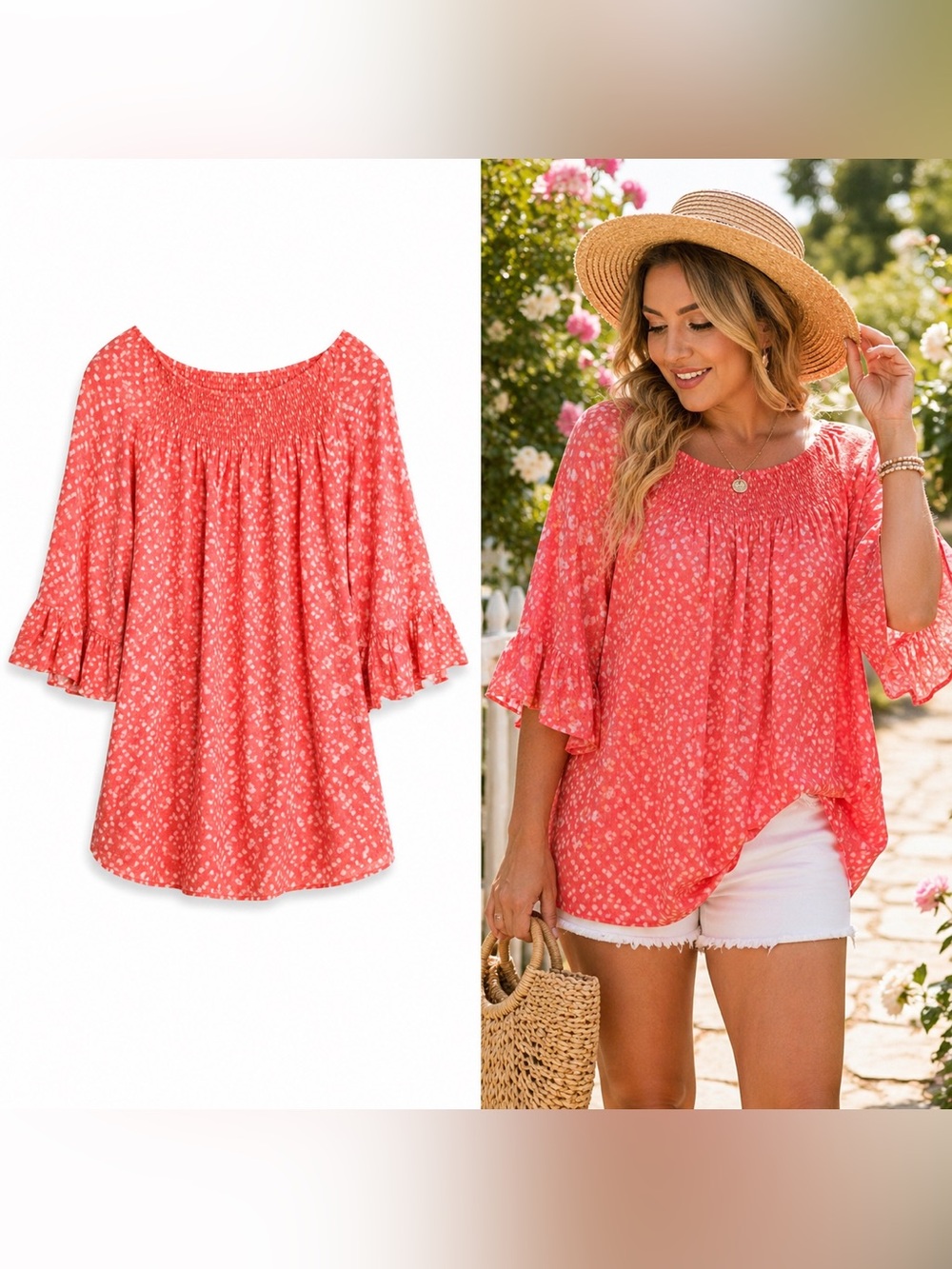 Zac & Rachel Coral Smocked Peasant Blouse 2X Boho Flowy Tunic Top